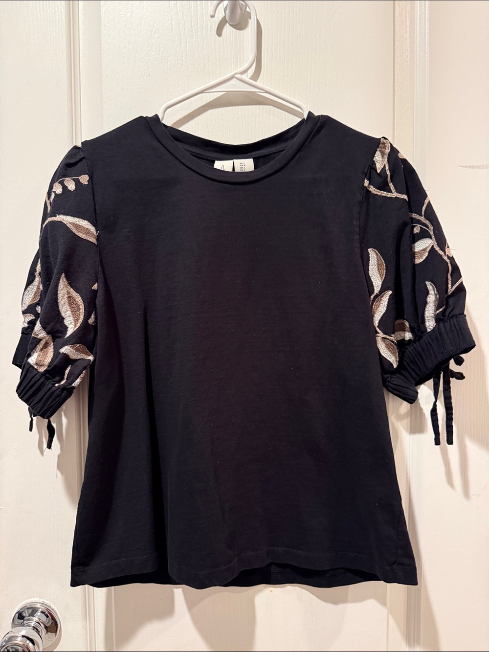 EUC Joie Black Tee with Metallic Leaf-Embroidered Puff Sleeves